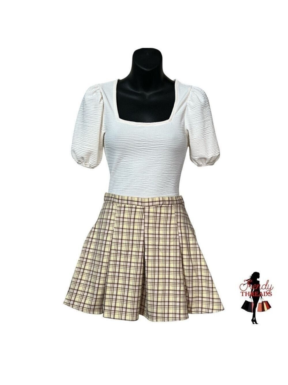SO Juniors XS 1 Yellow Brown Plaid High Rise Pleated Flare Mini Skirt Boho Twee